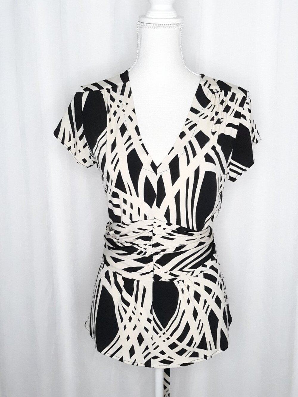 Vintage Marc Bouwer Top Ruched Tie Waist Cap Sleeves Beige Black
